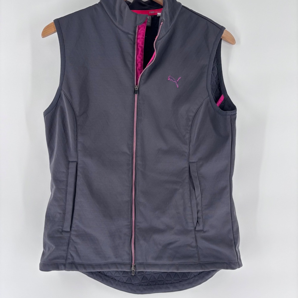 Puma PWRWARM Golf Vest Womens Medium Grey Pink Fleece Lined Warm Cell Full Zip